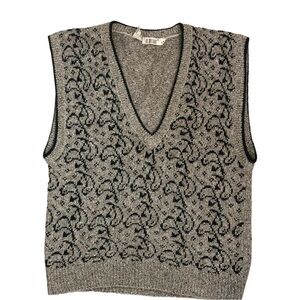 Vintage 80s De Rotchild V-Neck Sleeveless Sweater Vest Gray Black Paisley Small